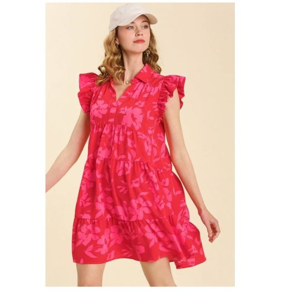 Floral Red Dress - Collar - Short Ruffled Sleeves - Tiered - Plus Size Dresses - Picture 2 of 7
